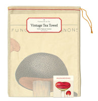 Mushroom and Fungi Cotton Vintage Tea Towel by Cavallini and Co. Pictured packaged in a keepsake muslin bag