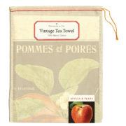 Apples and Pears Cotton Vintage Tea Towel by Cavallini and Co. Pictured packaged in a keepsake muslin bag