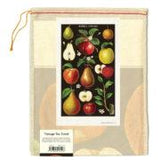 Apples and Pears Cotton Vintage Tea Towel by Cavallini and Co. Pictured packaged in a keepsake muslin bag