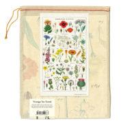 Wildflower Cotton Vintage Tea Towel by Cavallini and Co. Pictured packaged in a keepsake muslin bag