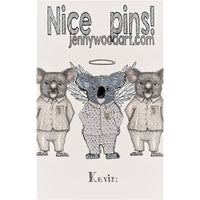 Kevin the Koala Enamel Pin by Melbourne's Jenny Wood. Pictured displayed on an illustrated backing card with his koala mates
