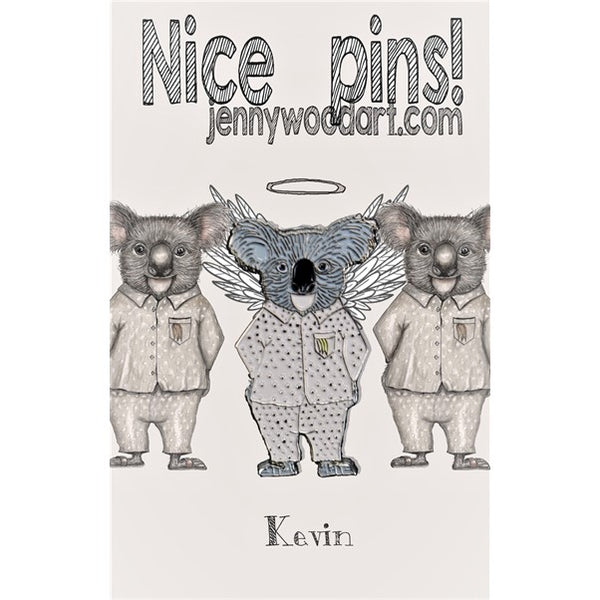 Kevin the Koala Enamel Pin by Melbourne's Jenny Wood. Pictured displayed on an illustrated backing card with his koala mates