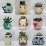 A collection of 9 planters by Allen Designs, including the Baby Pretty Kitty planter. The planters are pictured planted with a variety of succulents and cacti