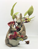 Kangaroo planter and baby roo planter by Allen Designs. Pictured with Australian native gum leaves