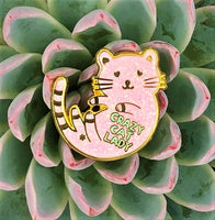 Crazy Cat Lady Enamel Pin by Missy Minzy. Pictured sitting atop a succulent